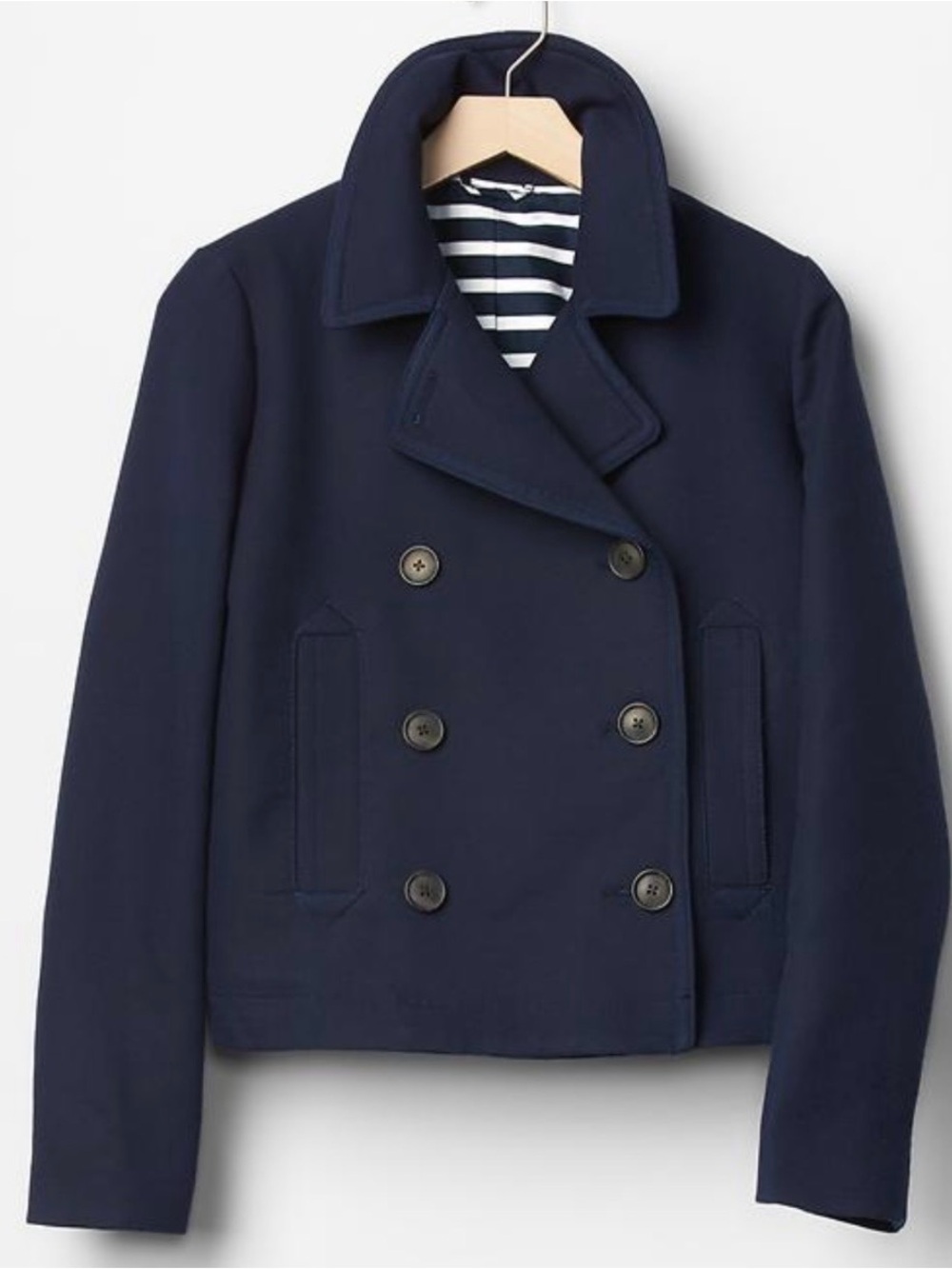 GAP Navy Double-Breasted Crop Peacoat with Stripe Lining Size Large NWT